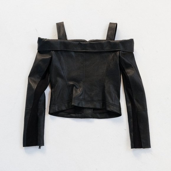 BCBGMAXAZRIA Clyde Cold-Shoulder Faux-Leather Moto Jacket in black size - Picture 7 of 7